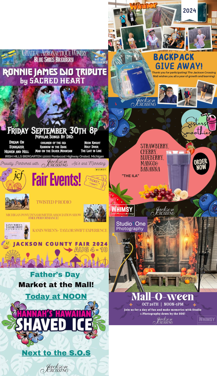 Whimsy work collage featuring a ribbon cutting, backpack giveaway, smoothie advertisement, Halloween portraits, fair and concert posters, and local food promotions.